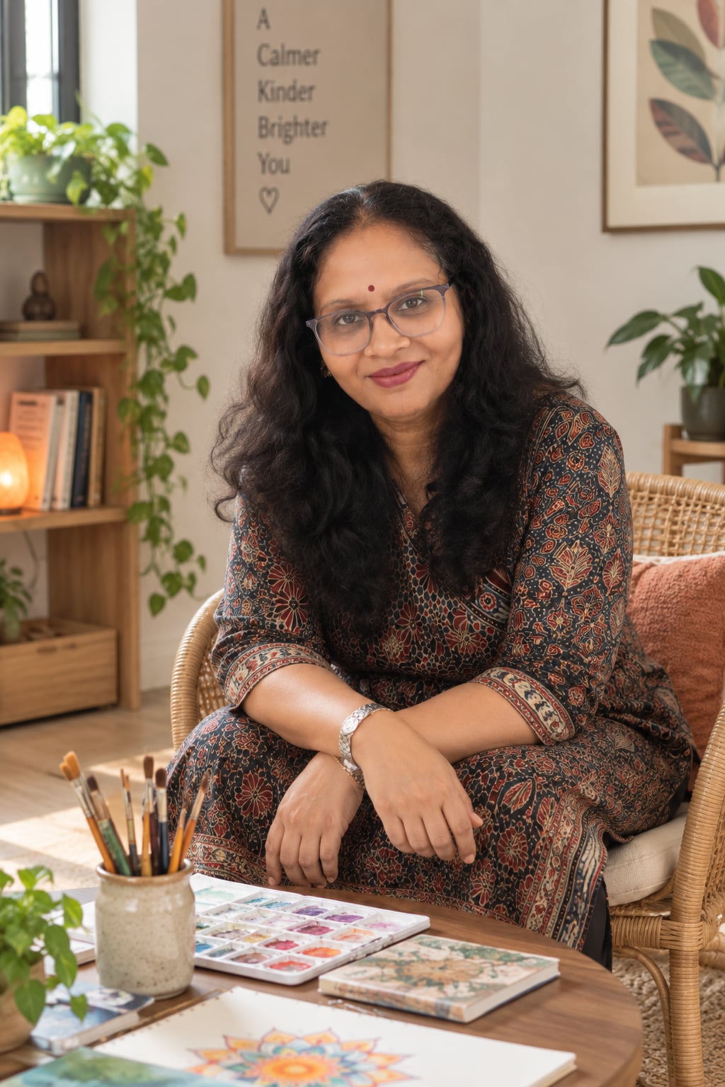 Priti seated beside a table of paints and brushes in the Jatan studio
