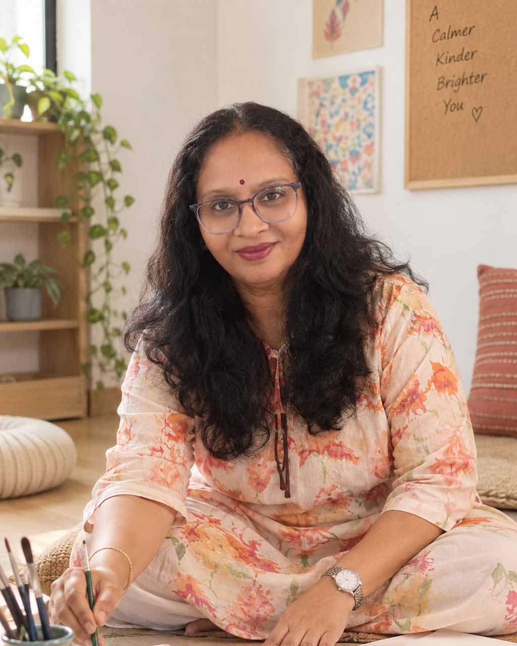 Priti, founder of Jatan, sitting on the studio floor with a brush and a watercolour palette, looking up at the camera